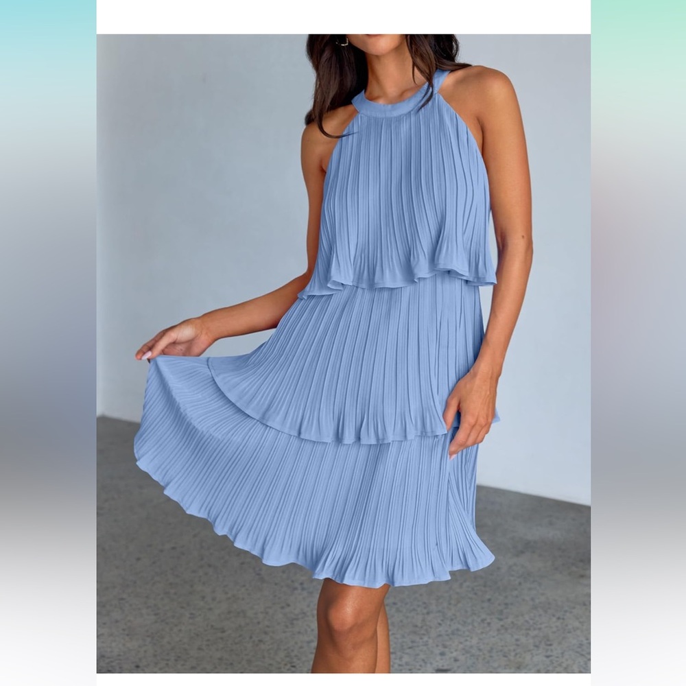Halter Sleeveless Ruffle Tiered Layered Chiffon Pleated A Line Swing Mini Dress
